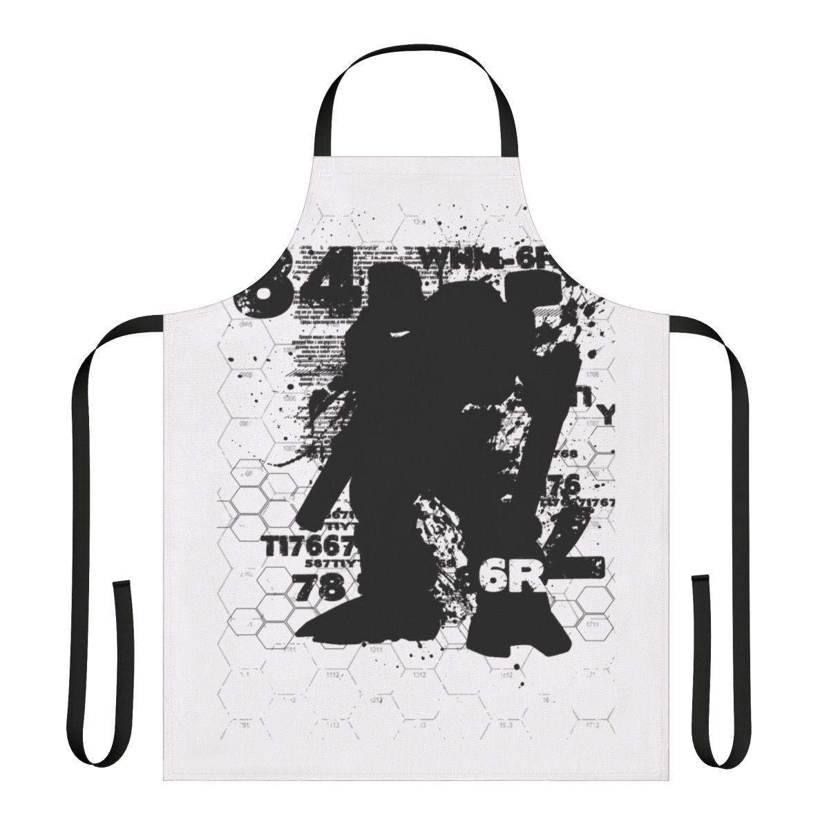 A colorful and stylized mech-inspired apron with a retro sci-fi design