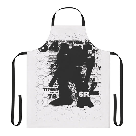 A colorful and stylized mech-inspired apron with a retro sci-fi design