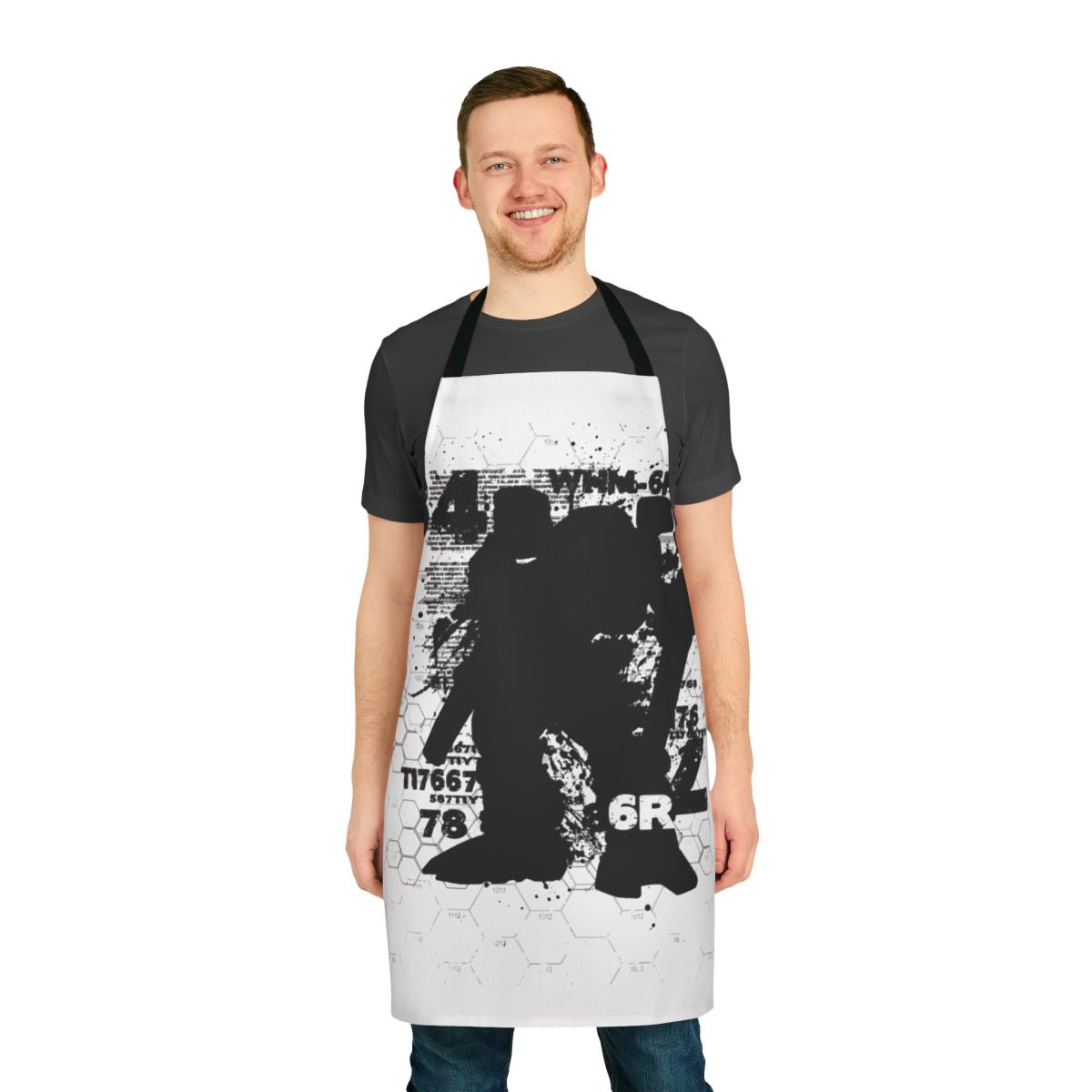 A colorful and stylized mech-inspired apron with a retro sci-fi design