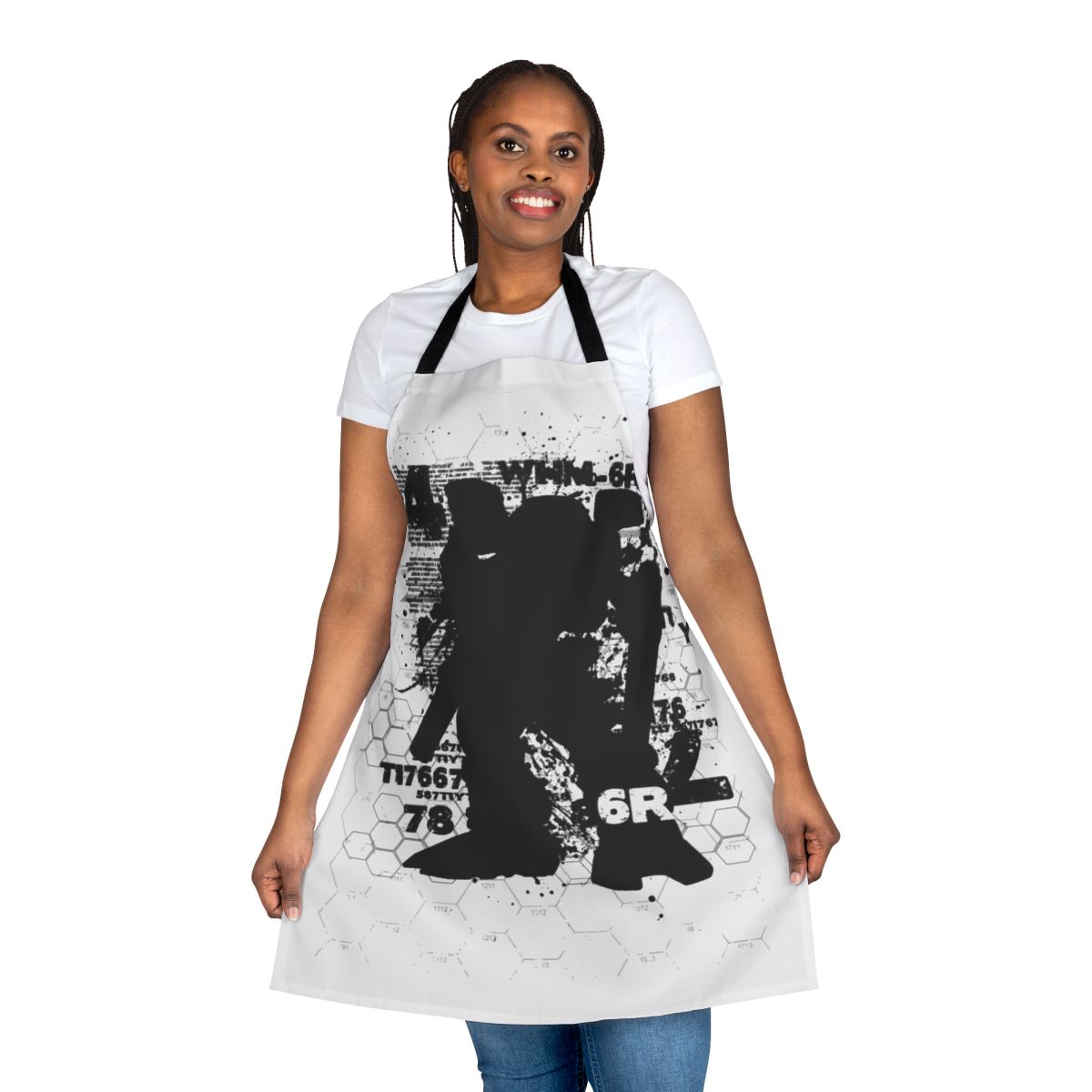 A colorful and stylized mech-inspired apron with a retro sci-fi design