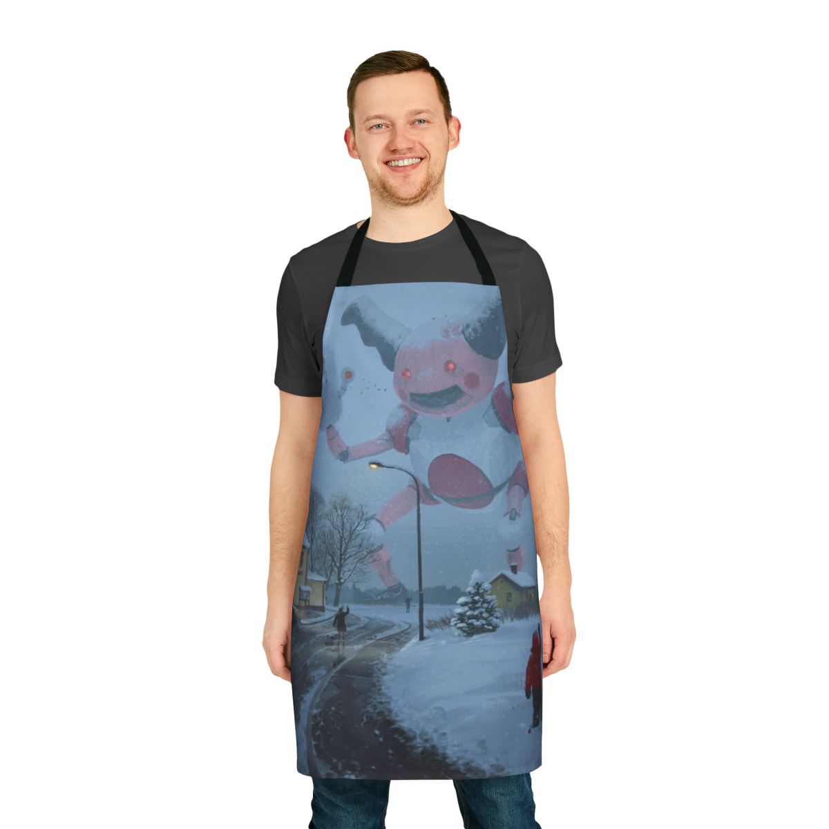 Mecha-inspired apron featuring a surreal, robotic interpretation of the Pokemon character Mr. Mime