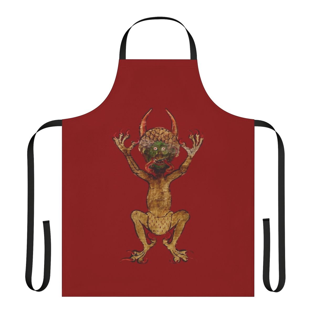 Red apron featuring the monstrous devil from the Codex Gigas medieval illuminated manuscript
