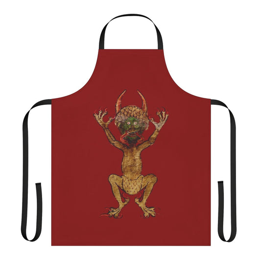 Red apron featuring the monstrous devil from the Codex Gigas medieval illuminated manuscript