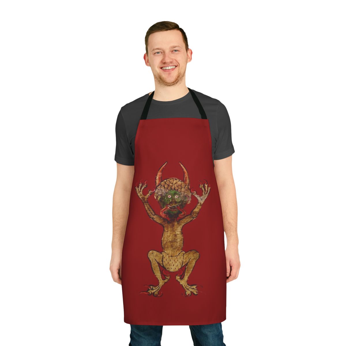 Red apron featuring the monstrous devil from the Codex Gigas medieval illuminated manuscript