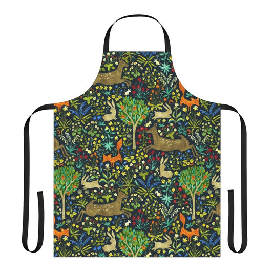 Medieval-style apron featuring intricate designs of rabbits, deer, and foxes in a lush forest setting