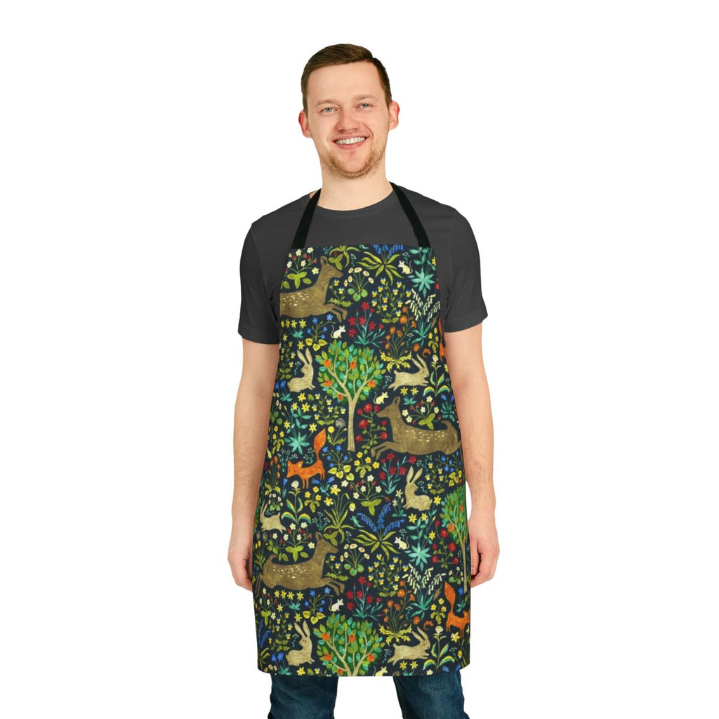 Medieval-style apron featuring intricate designs of rabbits, deer, and foxes in a lush forest setting