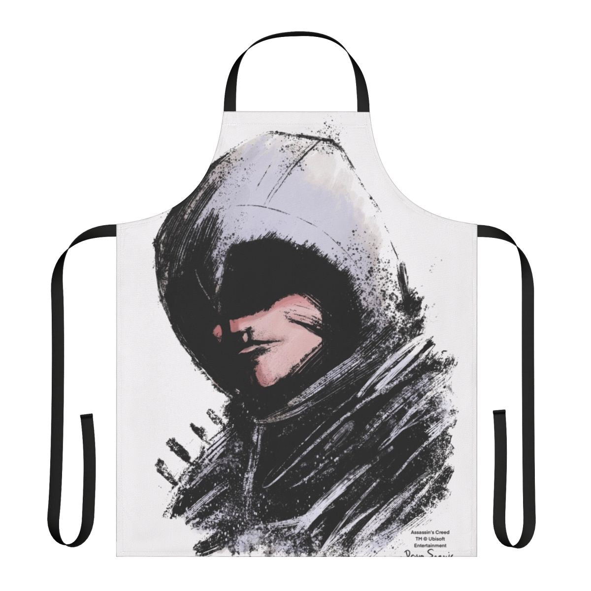 An apron featuring a medieval-inspired design with swords and blades, inspired by the Assassin's Creed video game series.