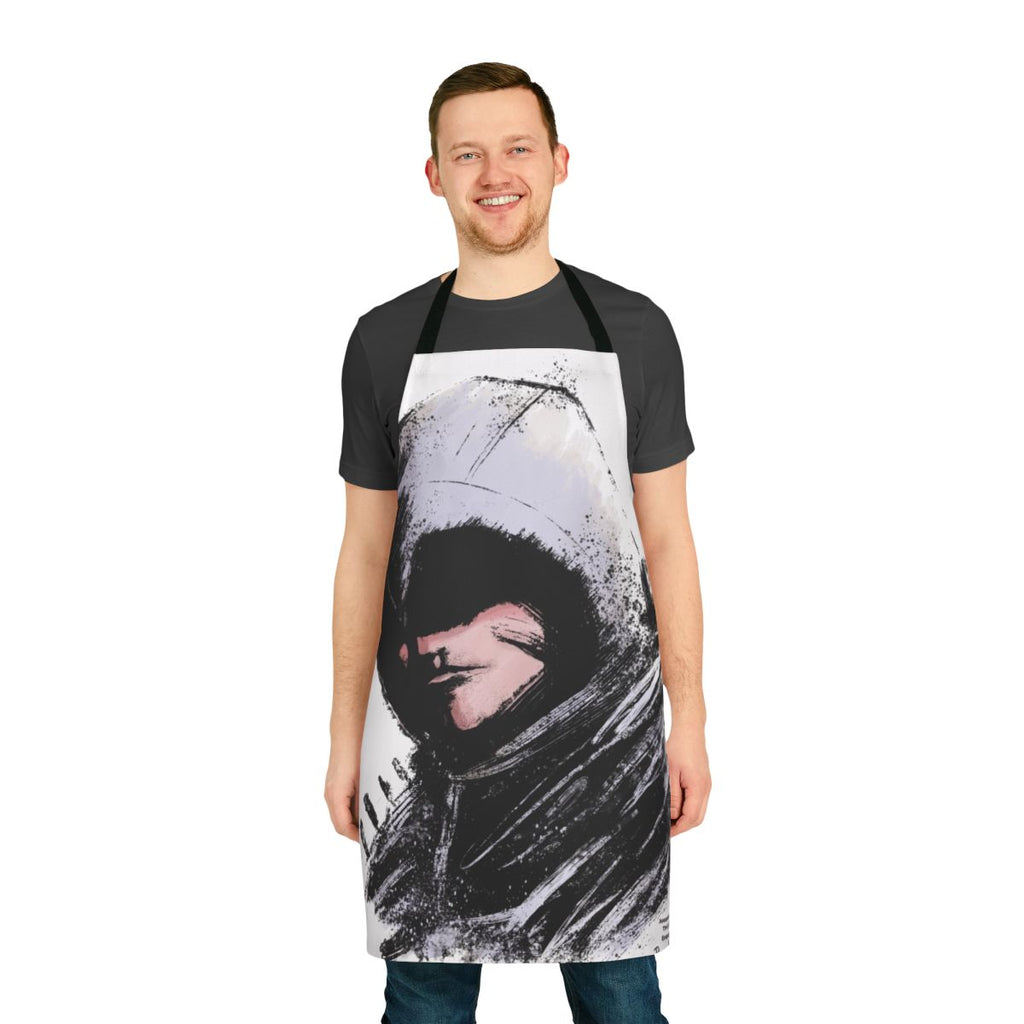 An apron featuring a medieval-inspired design with swords and blades, inspired by the Assassin's Creed video game series.