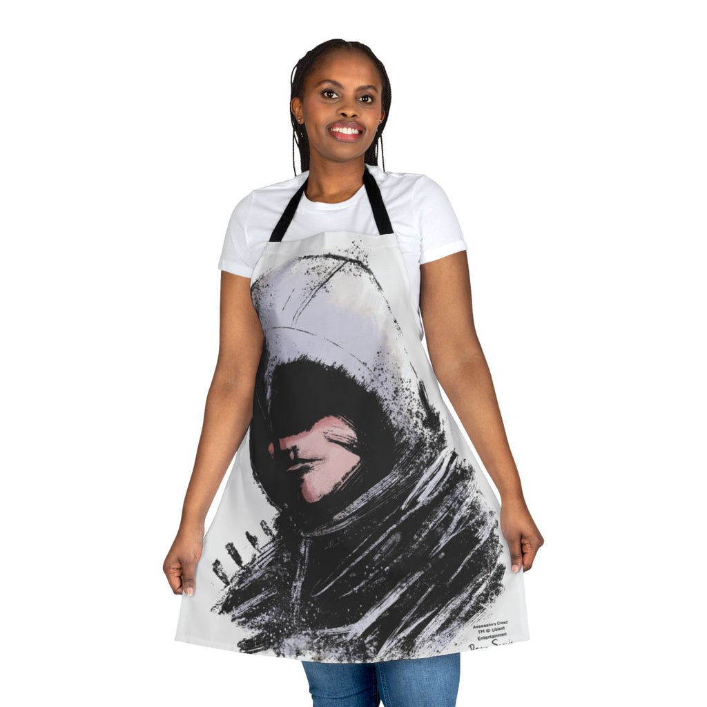 An apron featuring a medieval-inspired design with swords and blades, inspired by the Assassin's Creed video game series.