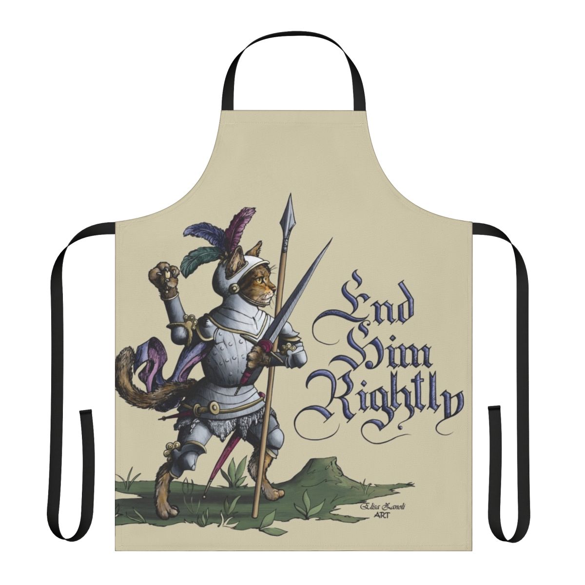 A medieval-themed apron featuring cats in historical fencing and armor designs