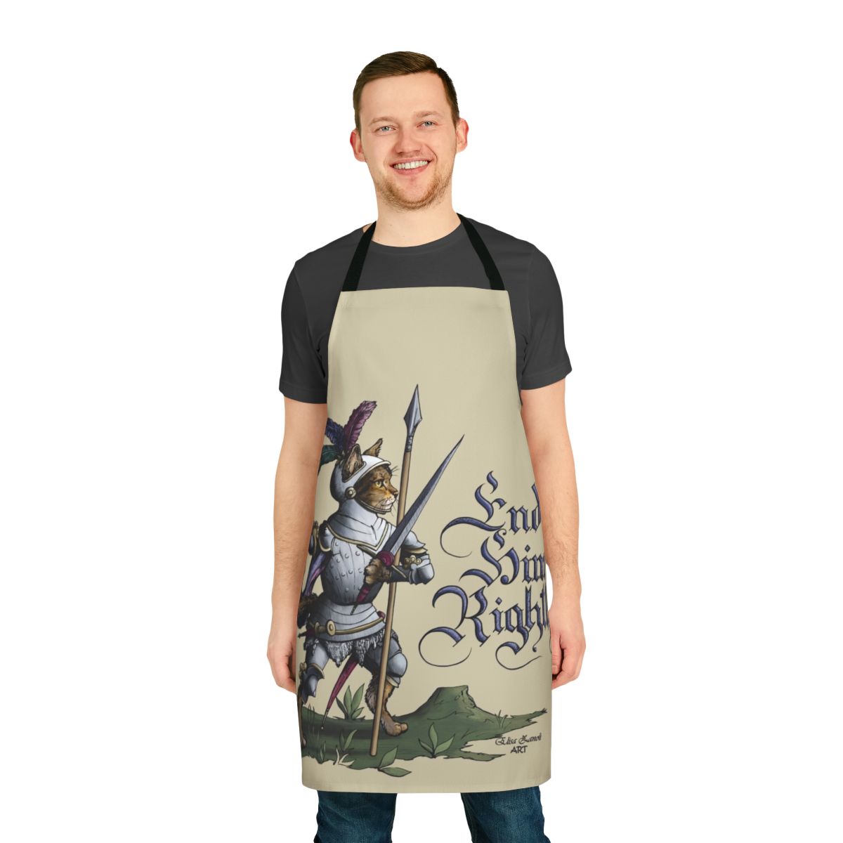 A medieval-themed apron featuring cats in historical fencing and armor designs