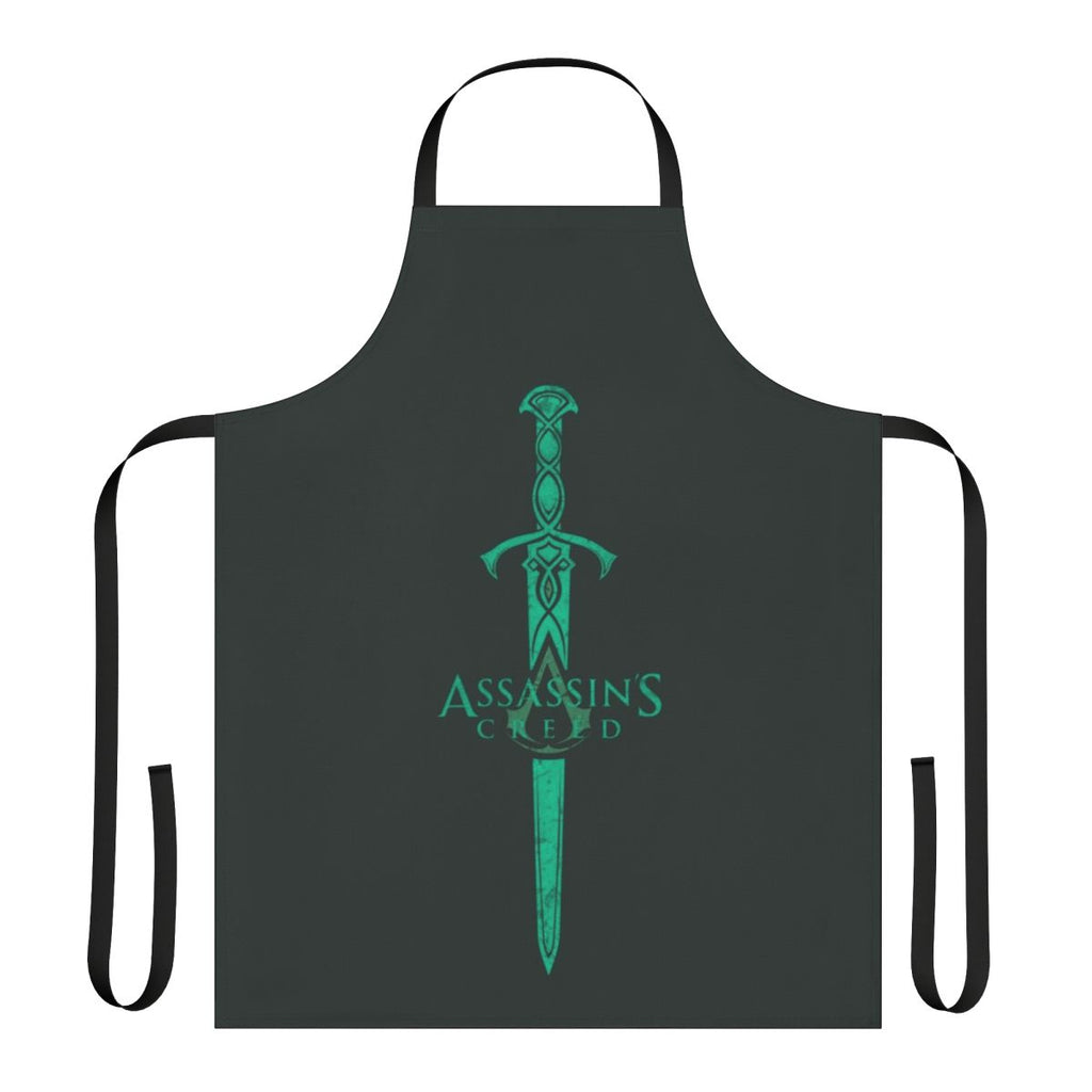 Green and black medieval knight-themed apron with sword design