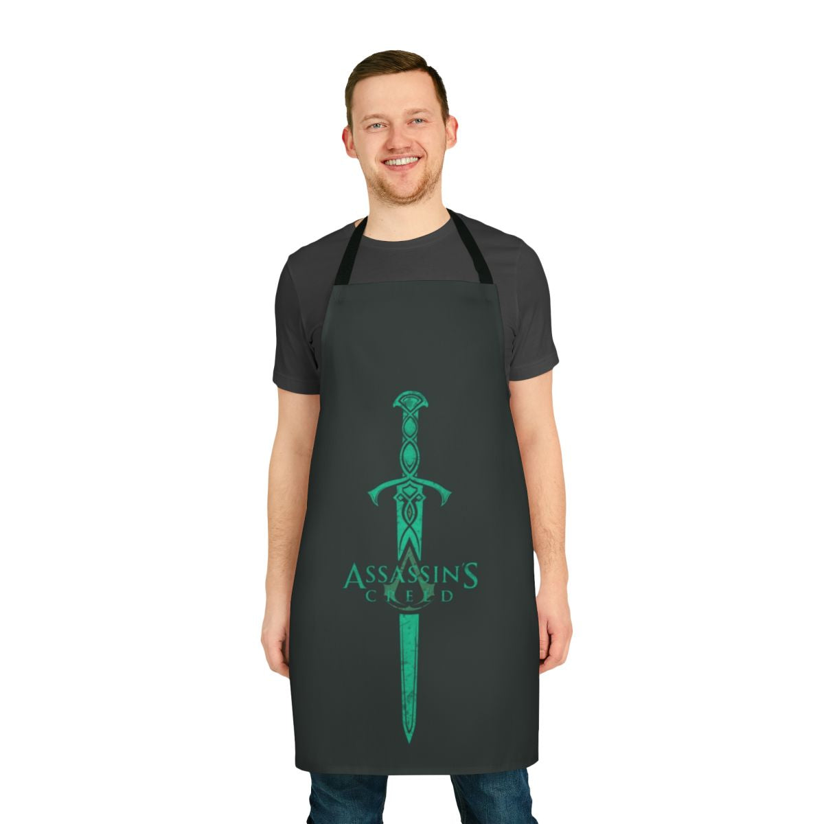 Green and black medieval knight-themed apron with sword design