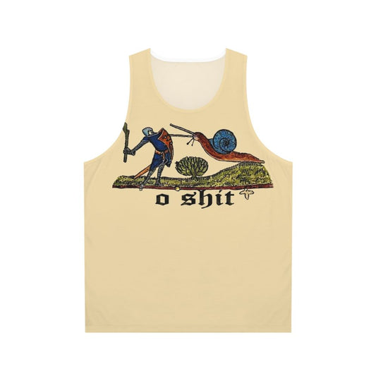 Medieval knight fighting a snail on a unisex tank top