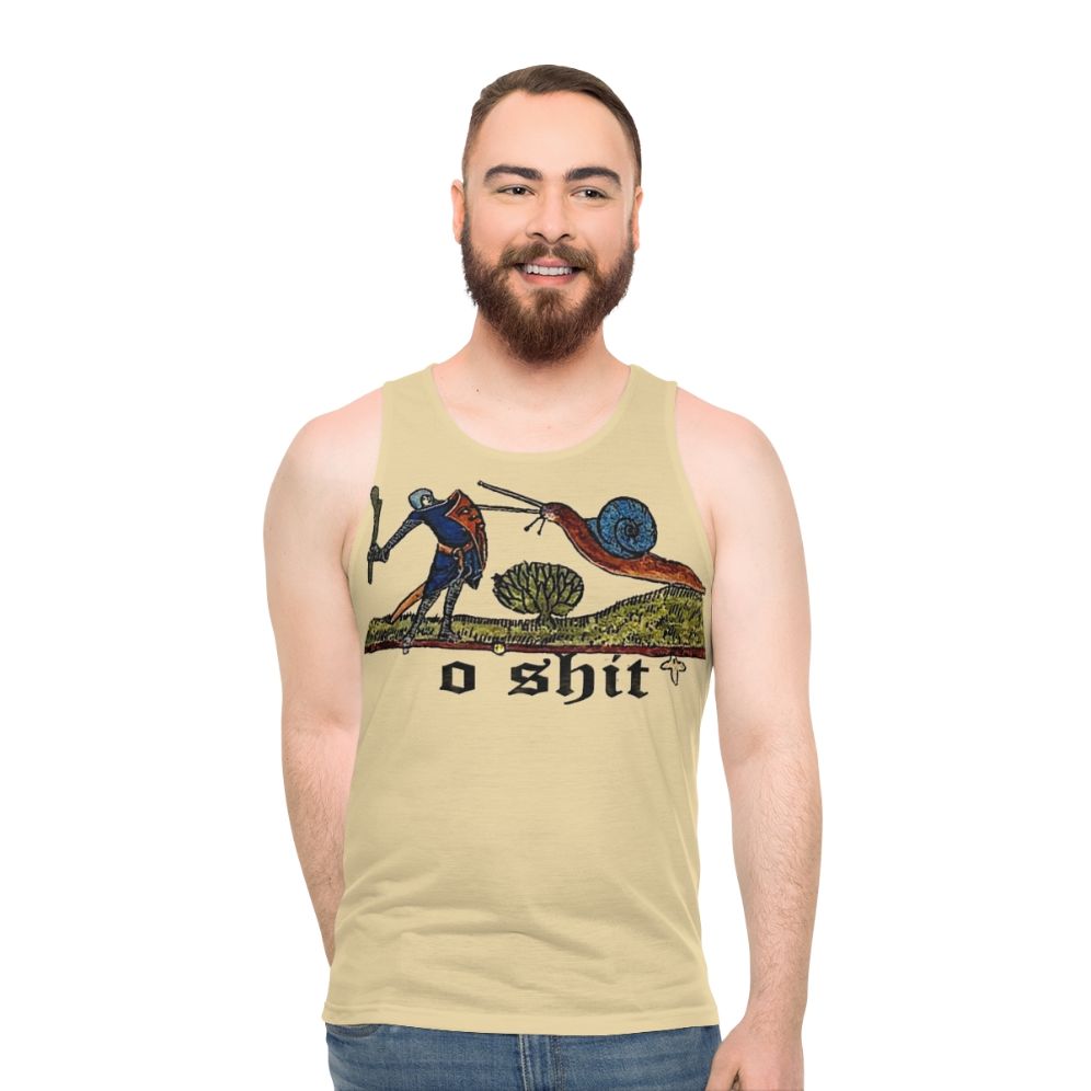 Medieval knight fighting a snail on a unisex tank top