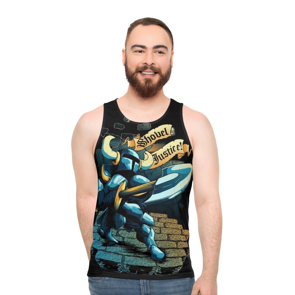 Medieval knight holding a shovel video game tank top