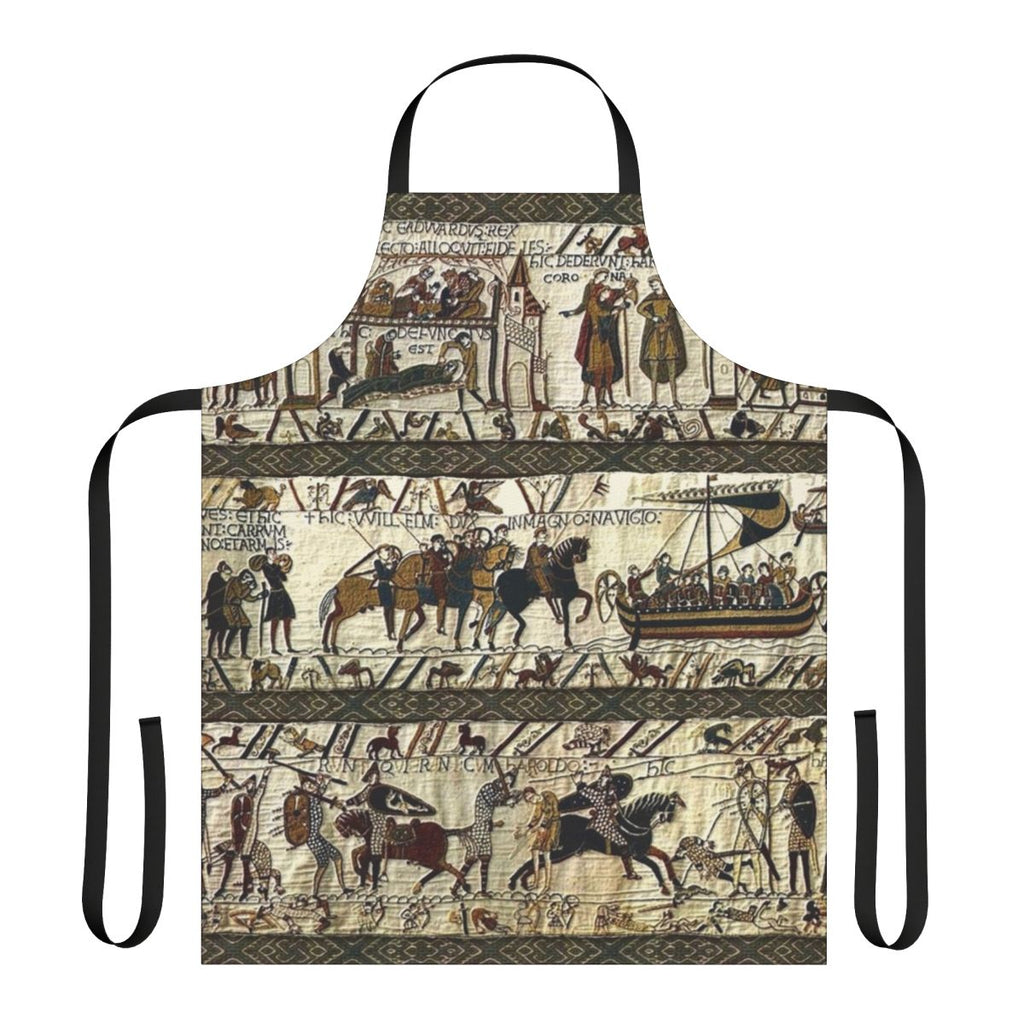 Medieval tapestry inspired apron with viking boats, horses, and battle scenes