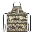 Medieval tapestry inspired apron with viking boats, horses, and battle scenes