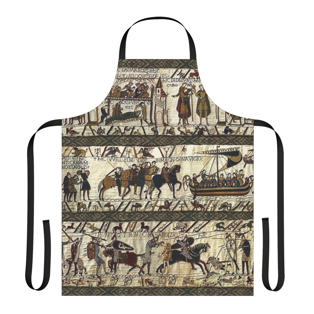 Medieval tapestry inspired apron with viking boats, horses, and battle scenes