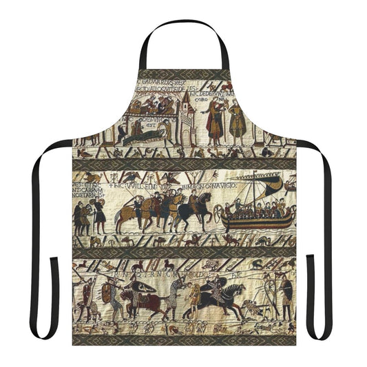 Medieval tapestry inspired apron with viking boats, horses, and battle scenes