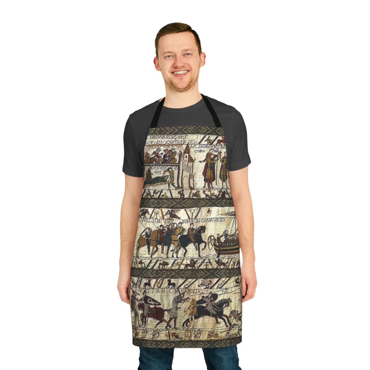 Medieval tapestry inspired apron with viking boats, horses, and battle scenes