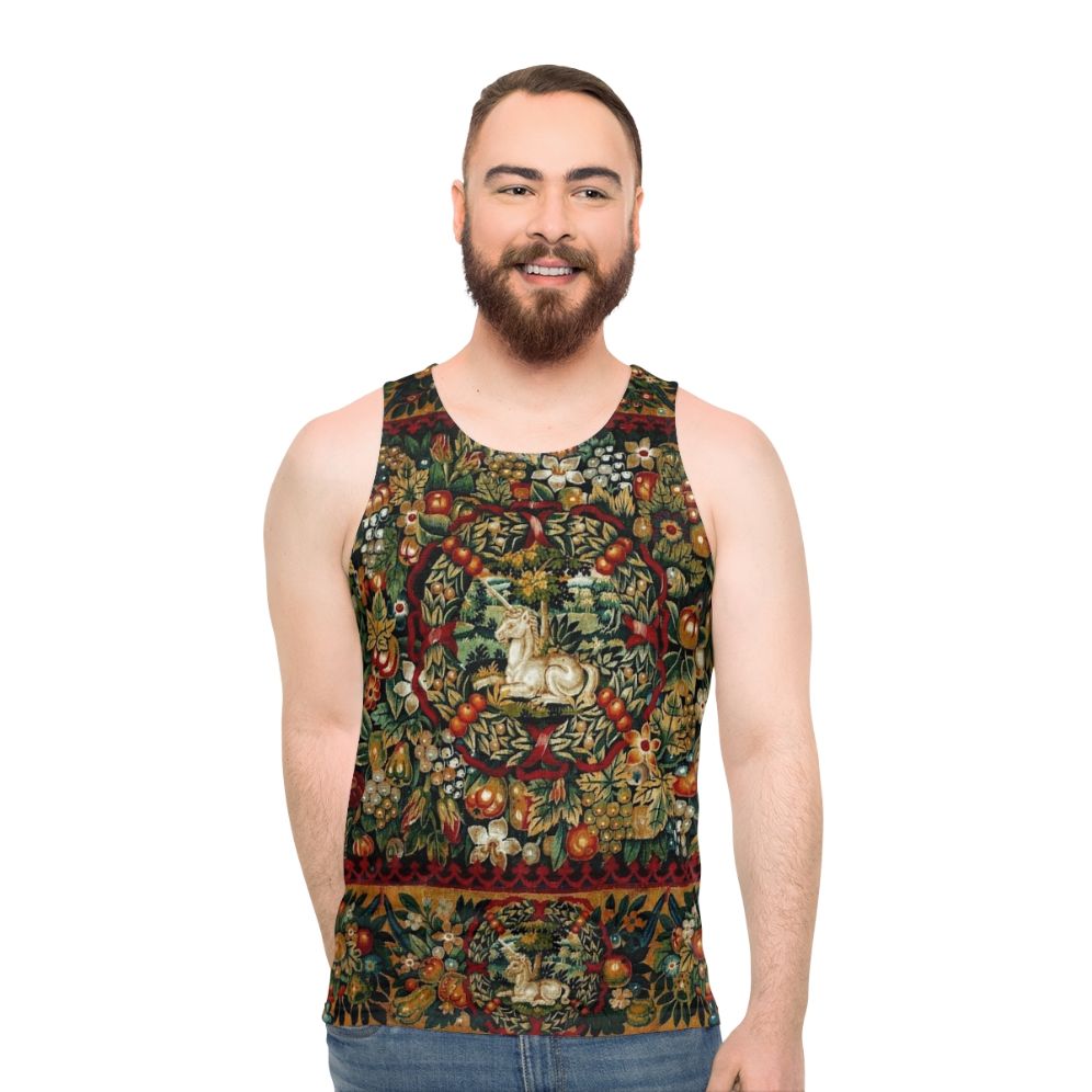Medieval unicorn floral tapestry unisex tank top