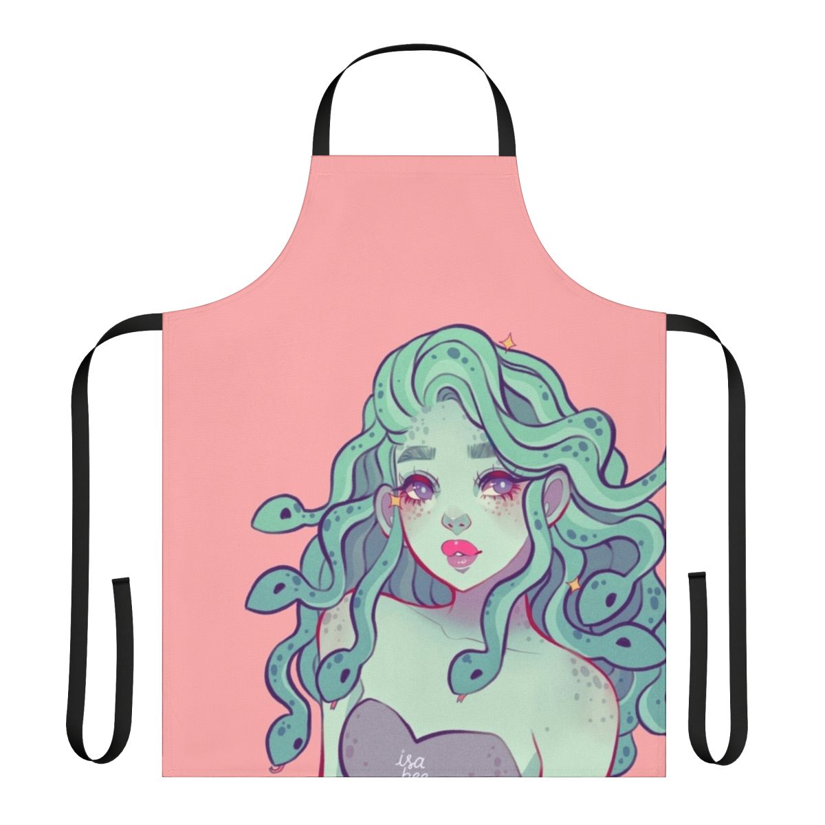 Medusa-inspired apron with snake design, pink and white colors, and an indie, soft girl aesthetic