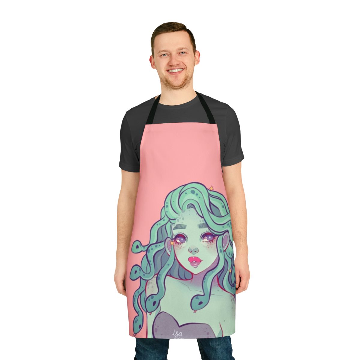 Medusa-inspired apron with snake design, pink and white colors, and an indie, soft girl aesthetic