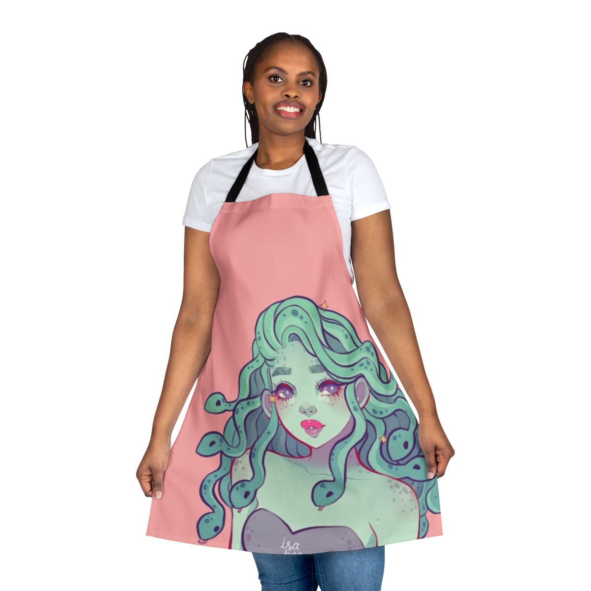 Medusa-inspired apron with snake design, pink and white colors, and an indie, soft girl aesthetic