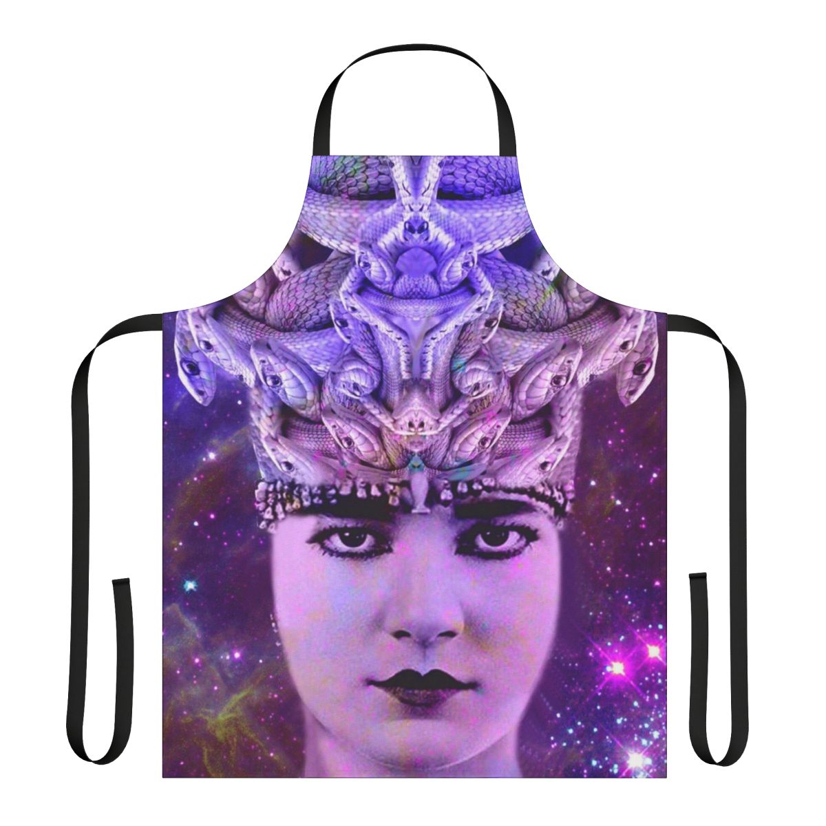 Medusa-themed apron with vibrant, abstract pattern