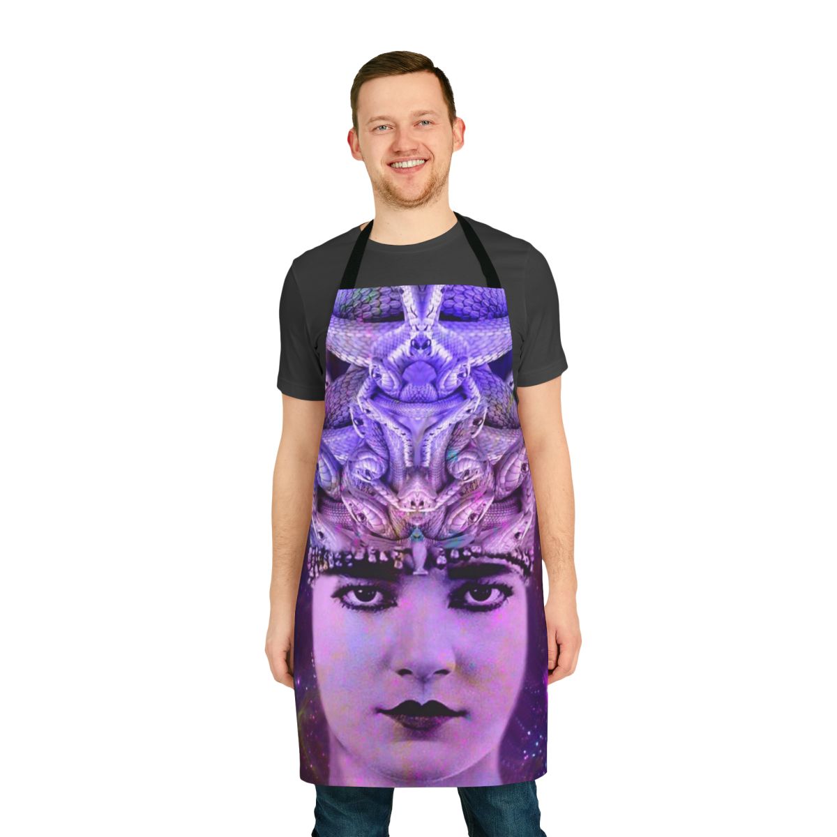 Medusa-themed apron with vibrant, abstract pattern