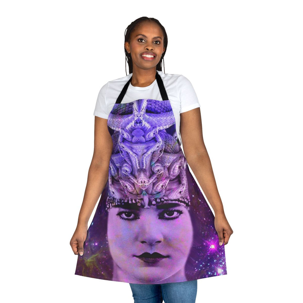 Medusa-themed apron with vibrant, abstract pattern