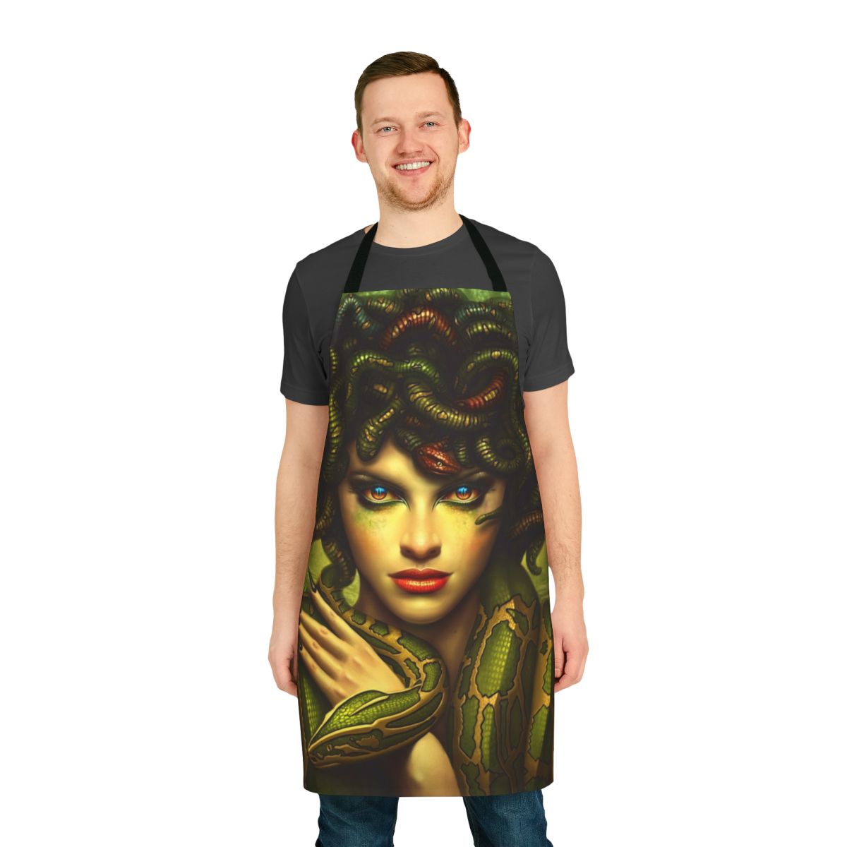 Medusa-inspired fantasy apron featuring a beautiful woman with snake hair