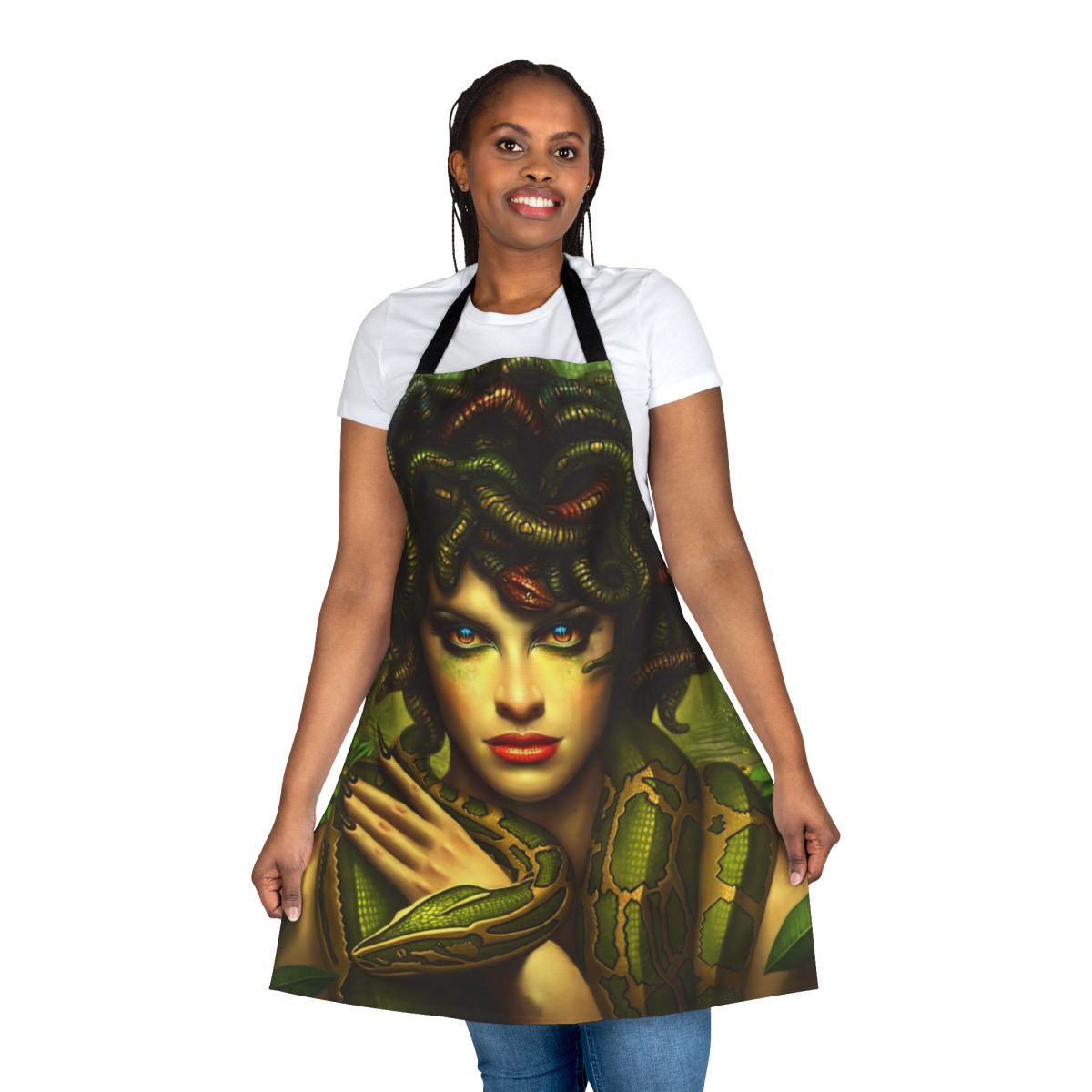 Medusa-inspired fantasy apron featuring a beautiful woman with snake hair