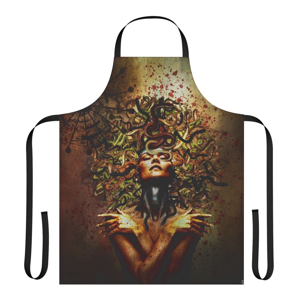 Striking Medusa-themed apron with snakes for hair, a unique surrealist design for the modern home.