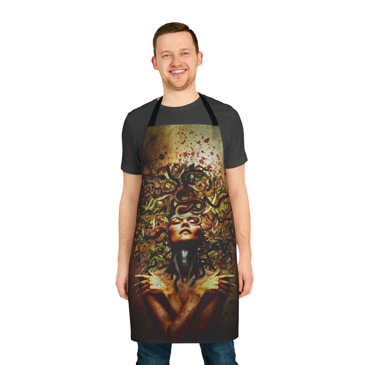 Striking Medusa-themed apron with snakes for hair, a unique surrealist design for the modern home.