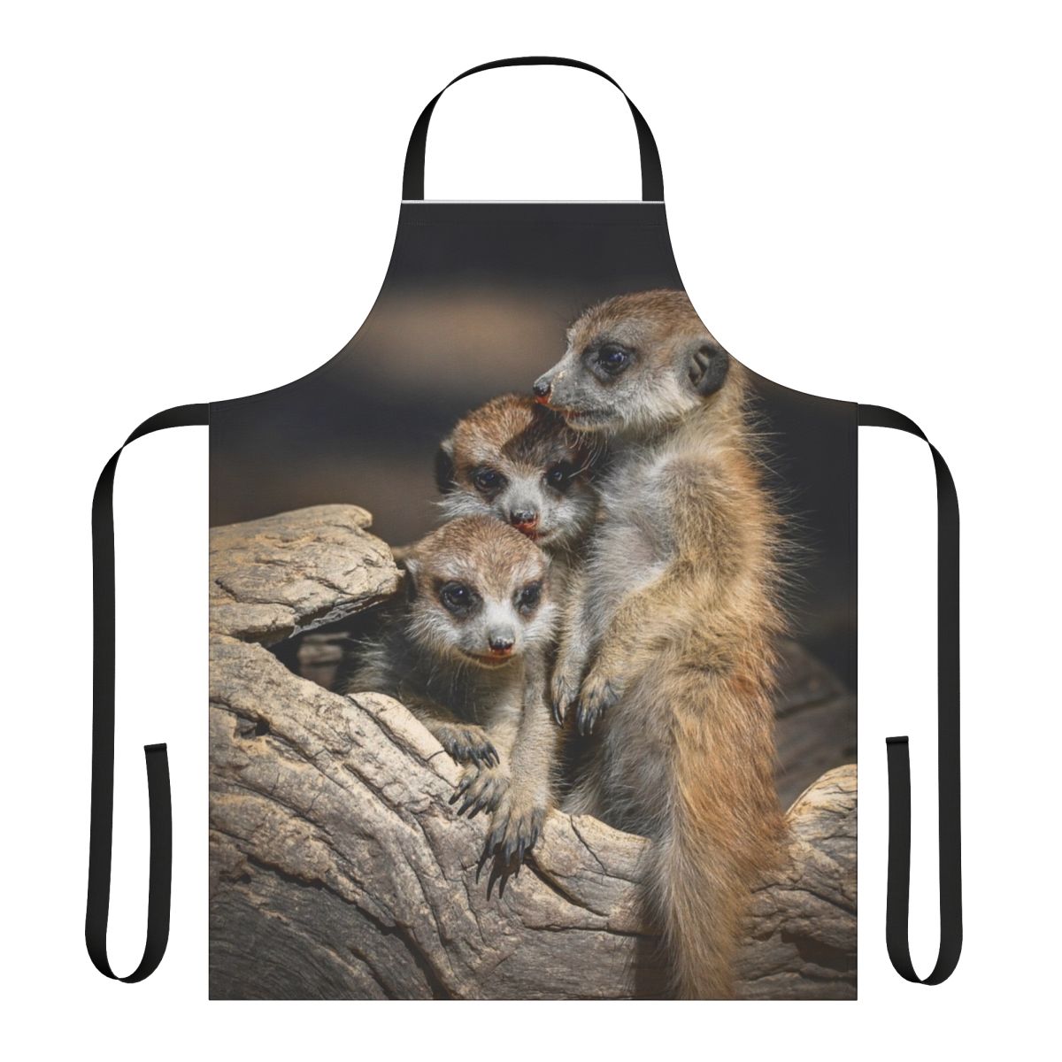 Meerkat-themed apron with a log design, perfect for the home kitchen or outdoors