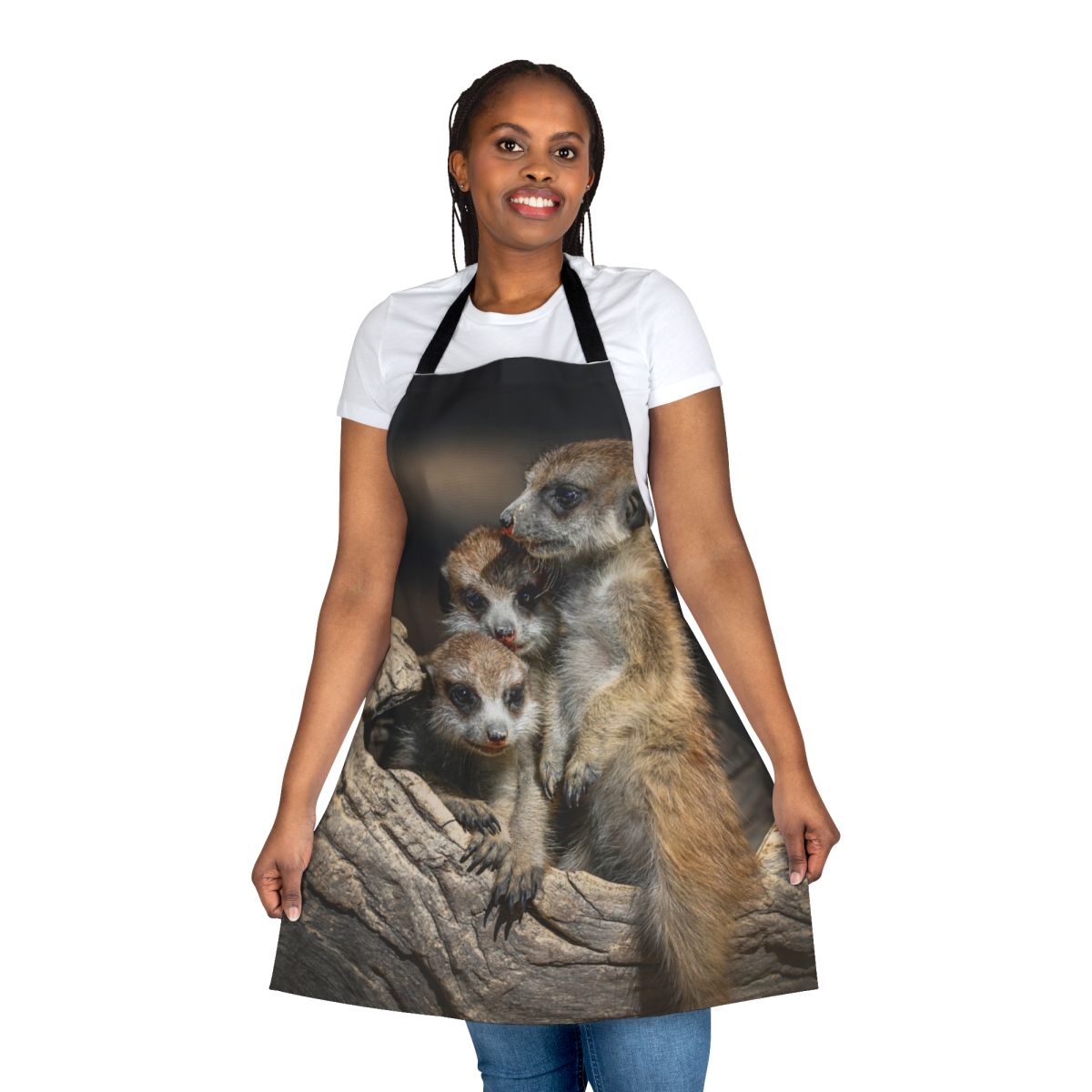 Meerkat-themed apron with a log design, perfect for the home kitchen or outdoors
