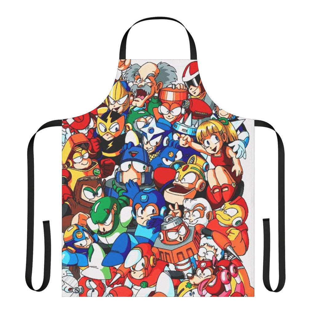 Illustration of Mega Man robot masters on an apron