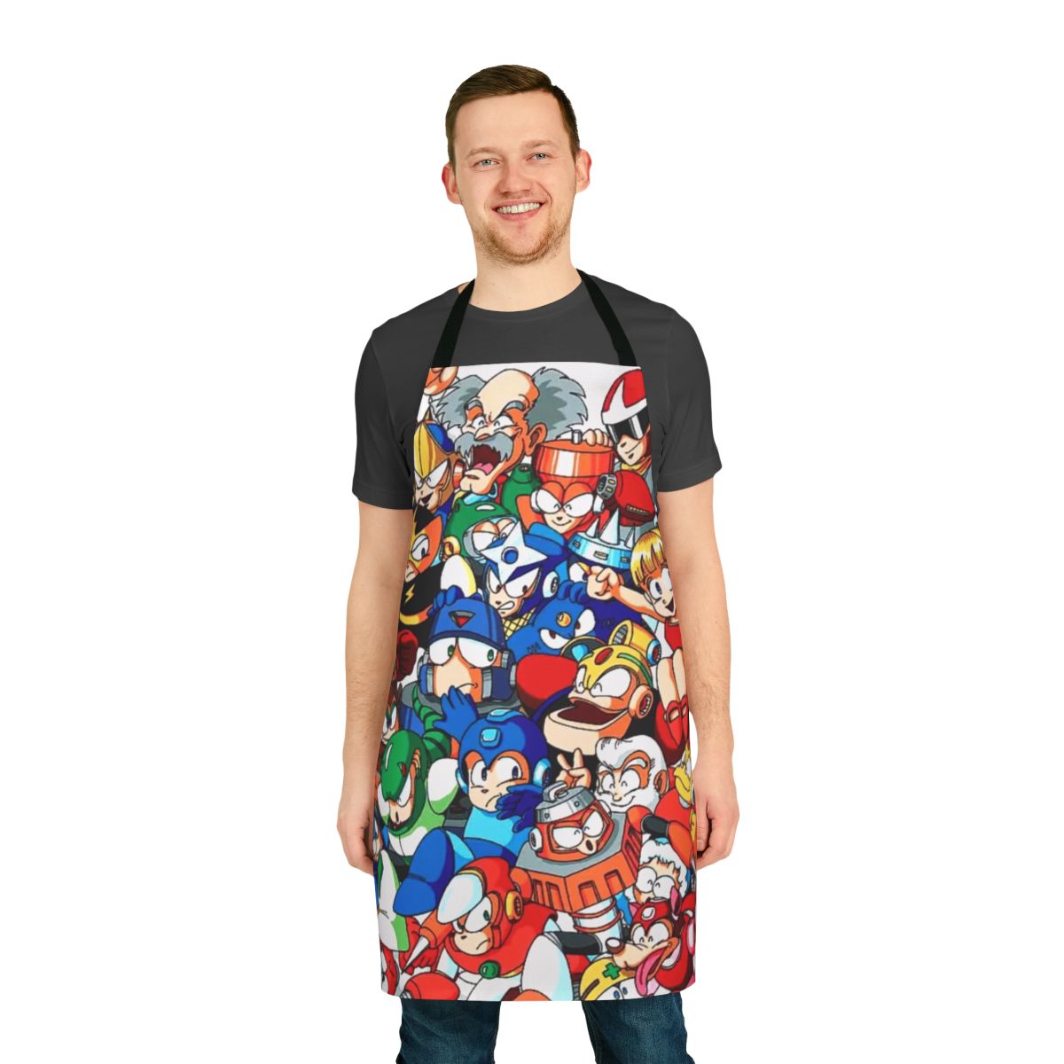Illustration of Mega Man robot masters on an apron