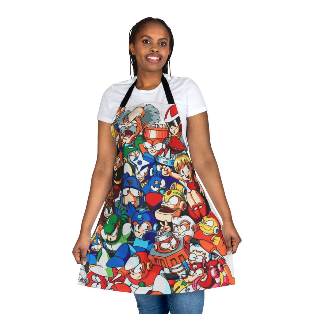 Illustration of Mega Man robot masters on an apron