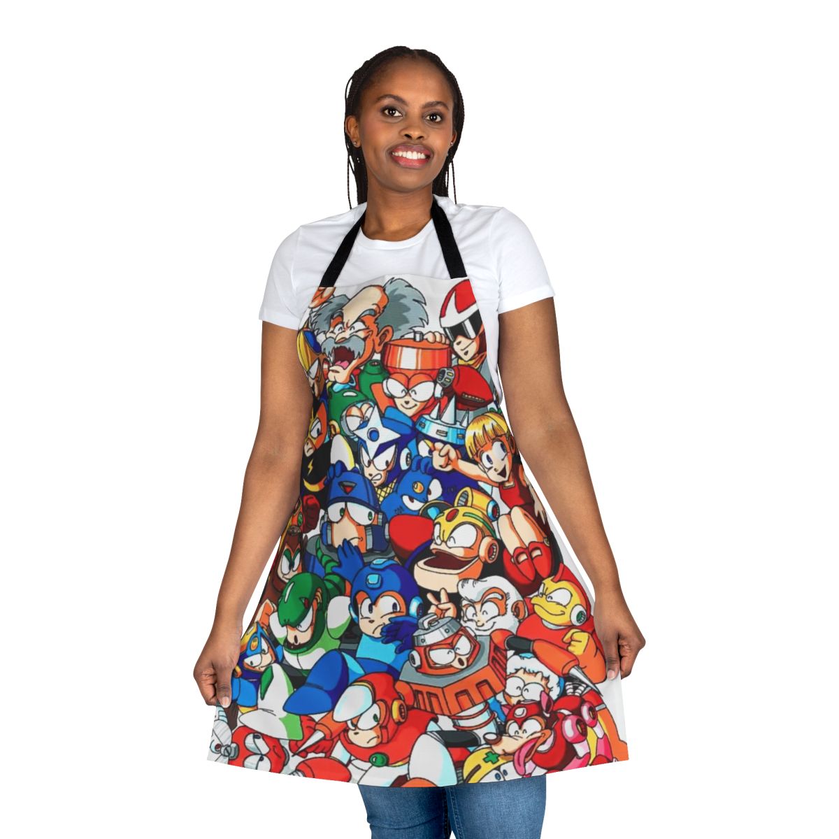 Illustration of Mega Man robot masters on an apron