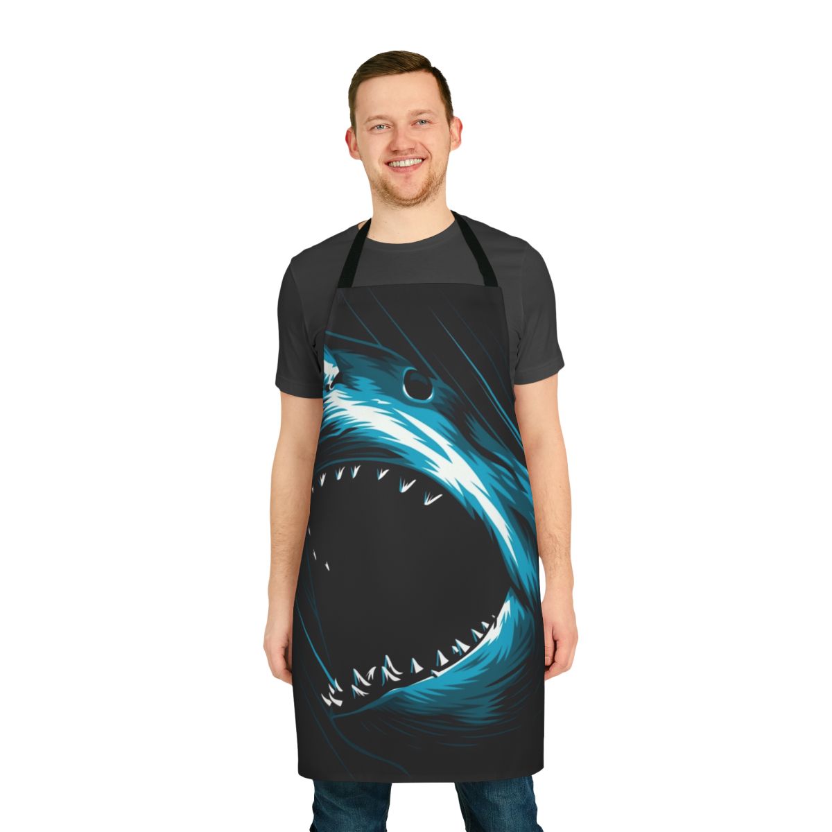 Megalodon shark attack apron with a large, terrifying prehistoric shark design