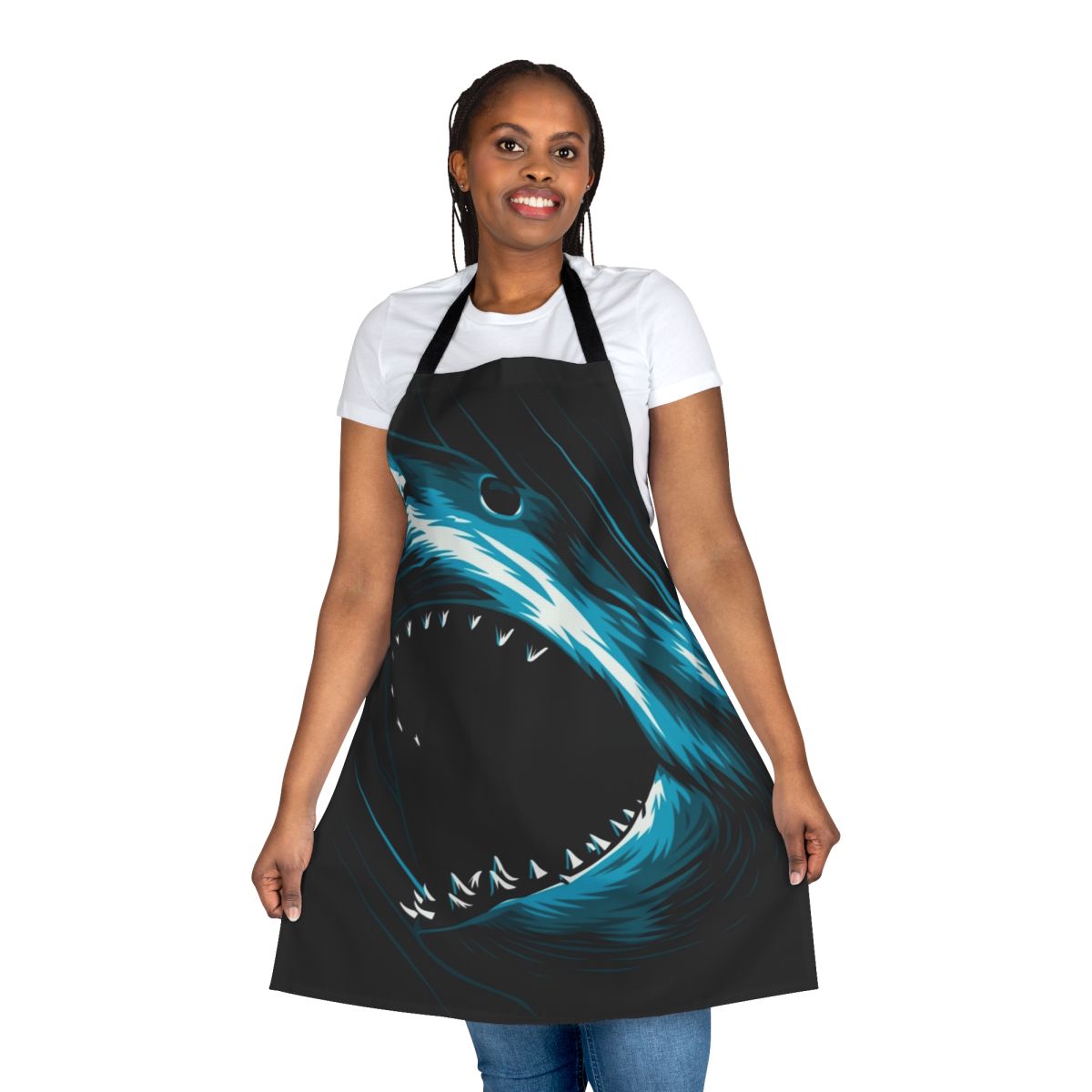 Megalodon shark attack apron with a large, terrifying prehistoric shark design