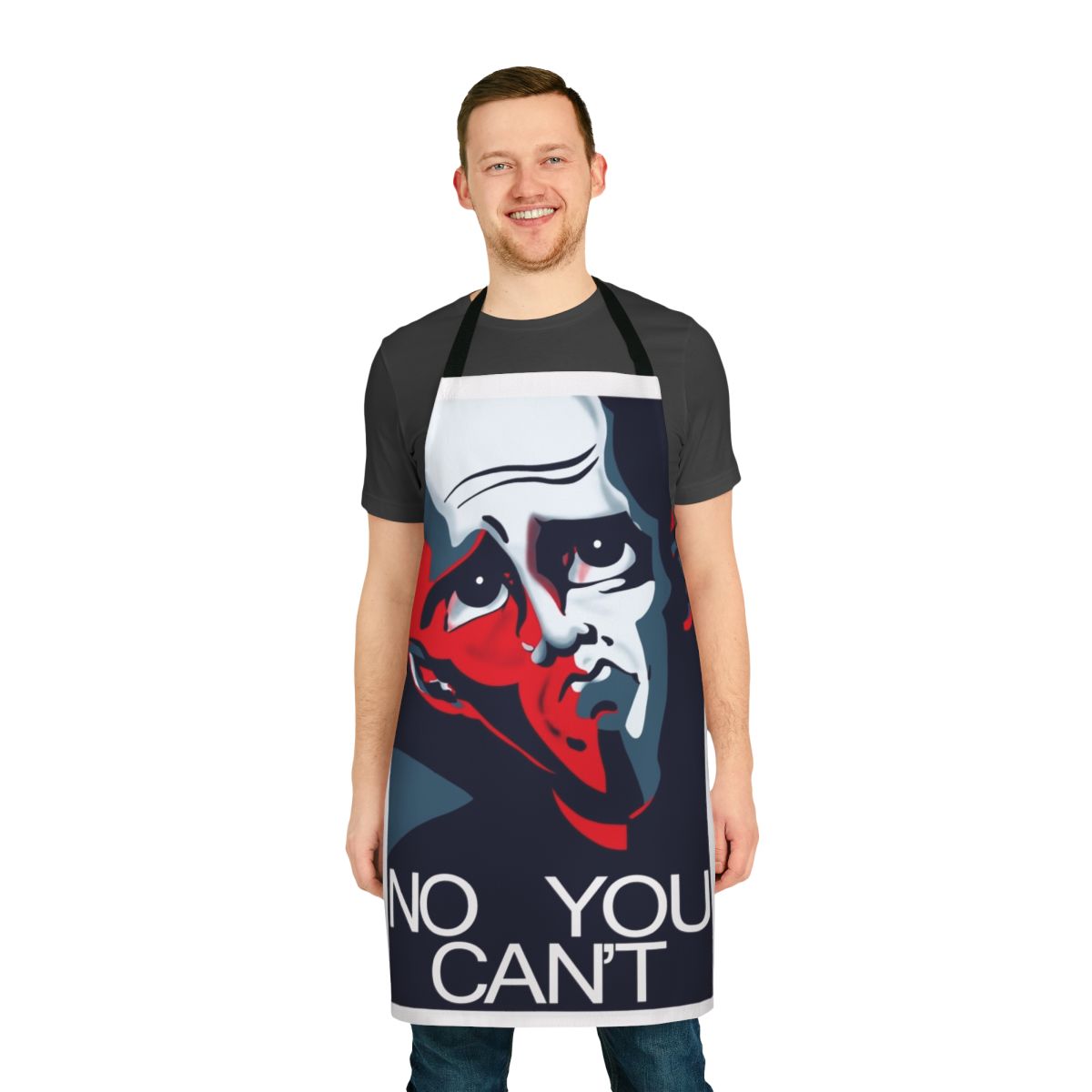 Megamind-themed apron with the phrase "No, You Can't" printed on it