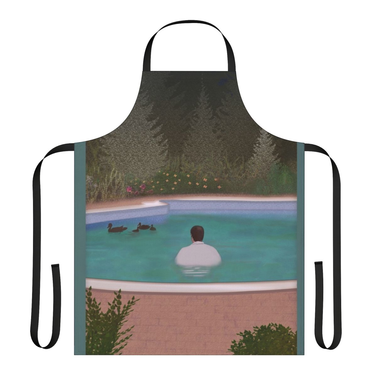 "Melancholy Duck Apron featuring a sad clown and newspaper motif"
