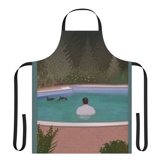 "Melancholy Duck Apron featuring a sad clown and newspaper motif"