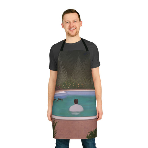 "Melancholy Duck Apron featuring a sad clown and newspaper motif"