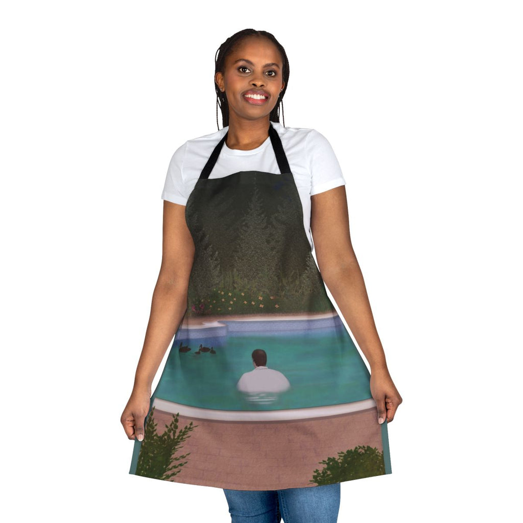 "Melancholy Duck Apron featuring a sad clown and newspaper motif"