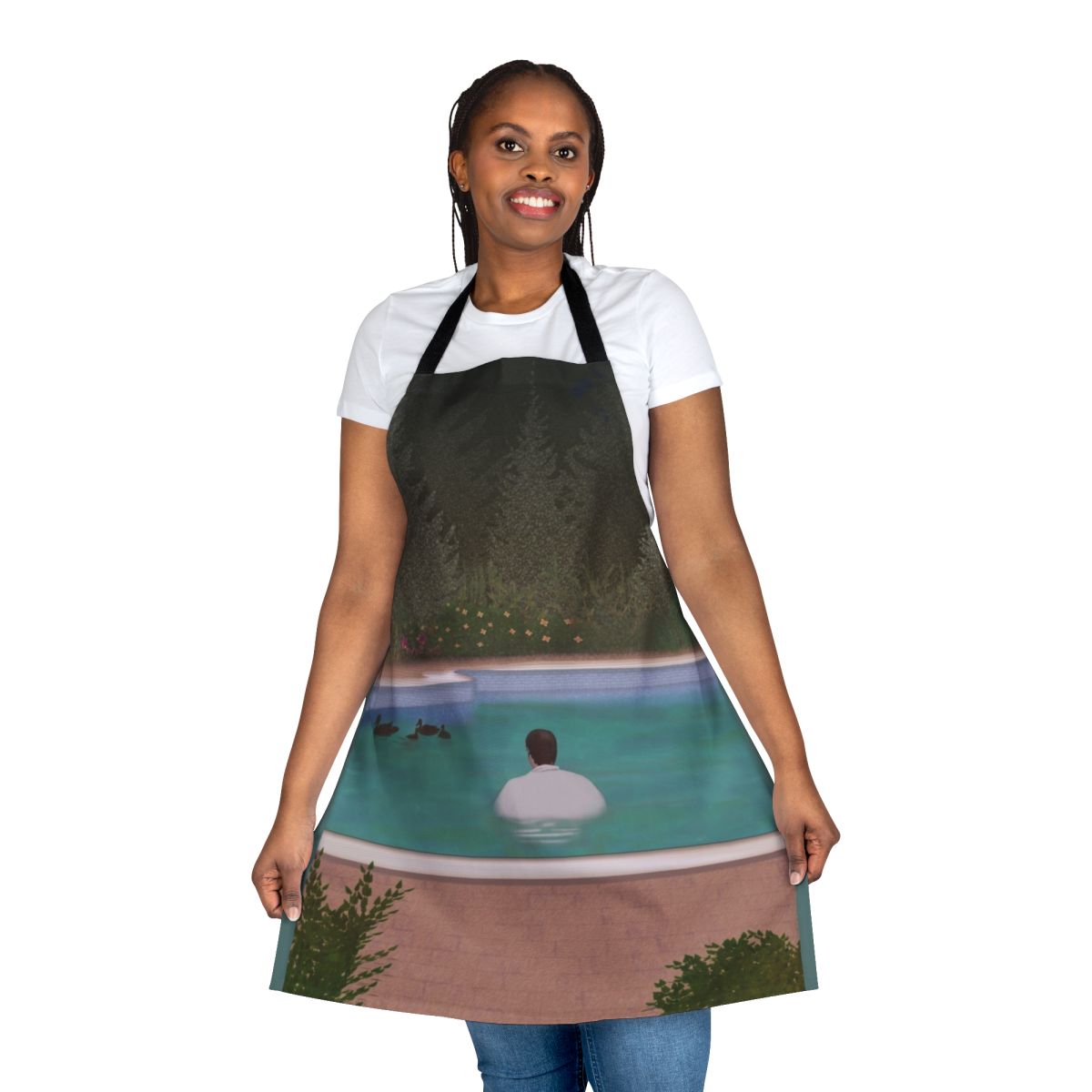 "Melancholy Duck Apron featuring a sad clown and newspaper motif"
